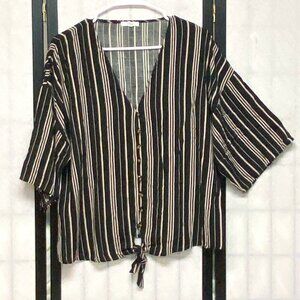 Maurices Crop Blouse V Neck 3/4 Sleeve Tie Waist Top XXL Black Beige Stripe